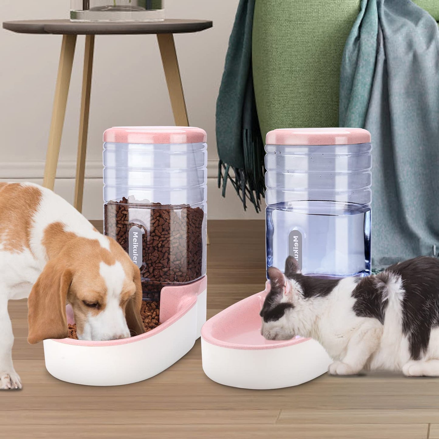 Automatic Dog Cat Feeder and Water Dispenser Set,Waterer and Gravity Food Feeder for Small & Medium Dogs Cats Puppies,Large Capacity 1 Gallon X 2(Pink)