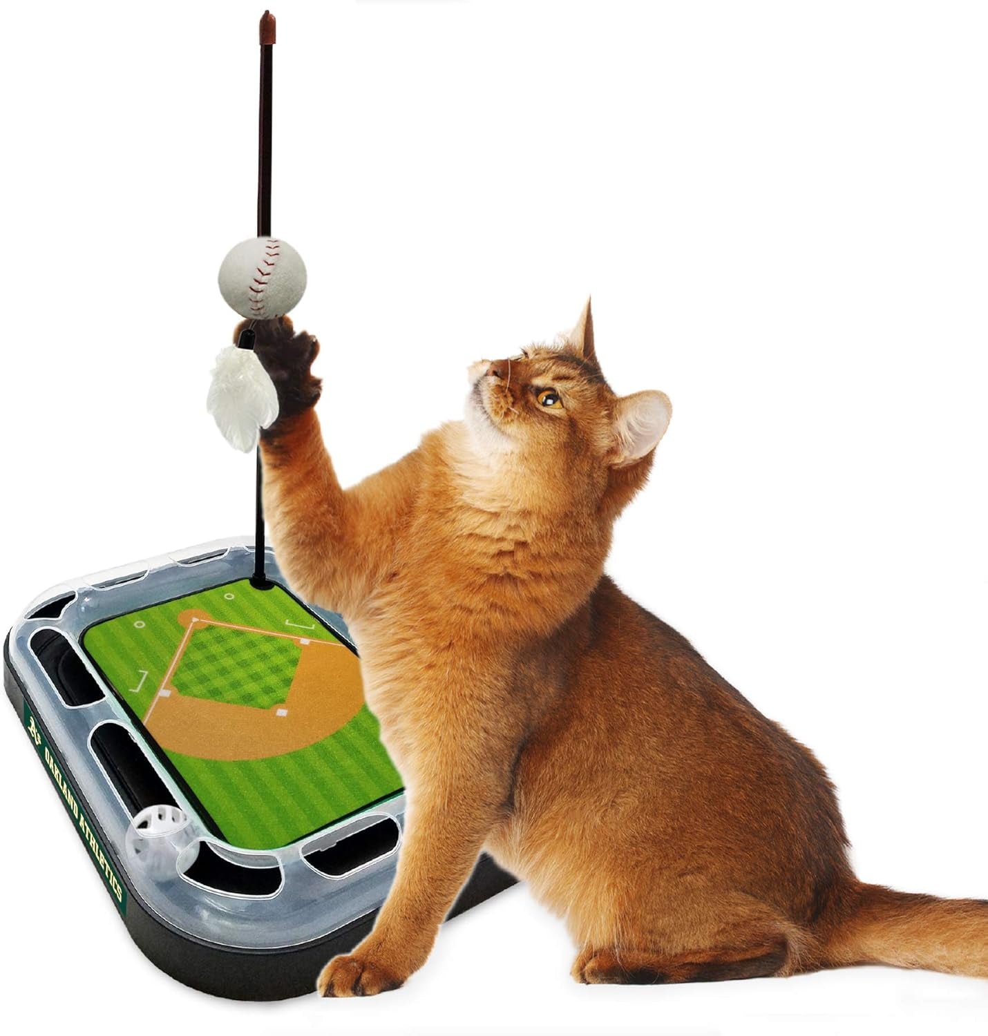 Cat Scratching Toy MLB OAKLAND ATHLETICS Baseball Field Cat Scratcher Toy with Interactive Cat Ball Bell in Tracks. 5-In-1 CAT TOY: Cat Wand Poll with CATNIP FILLED Plush Baseball & Feathers.