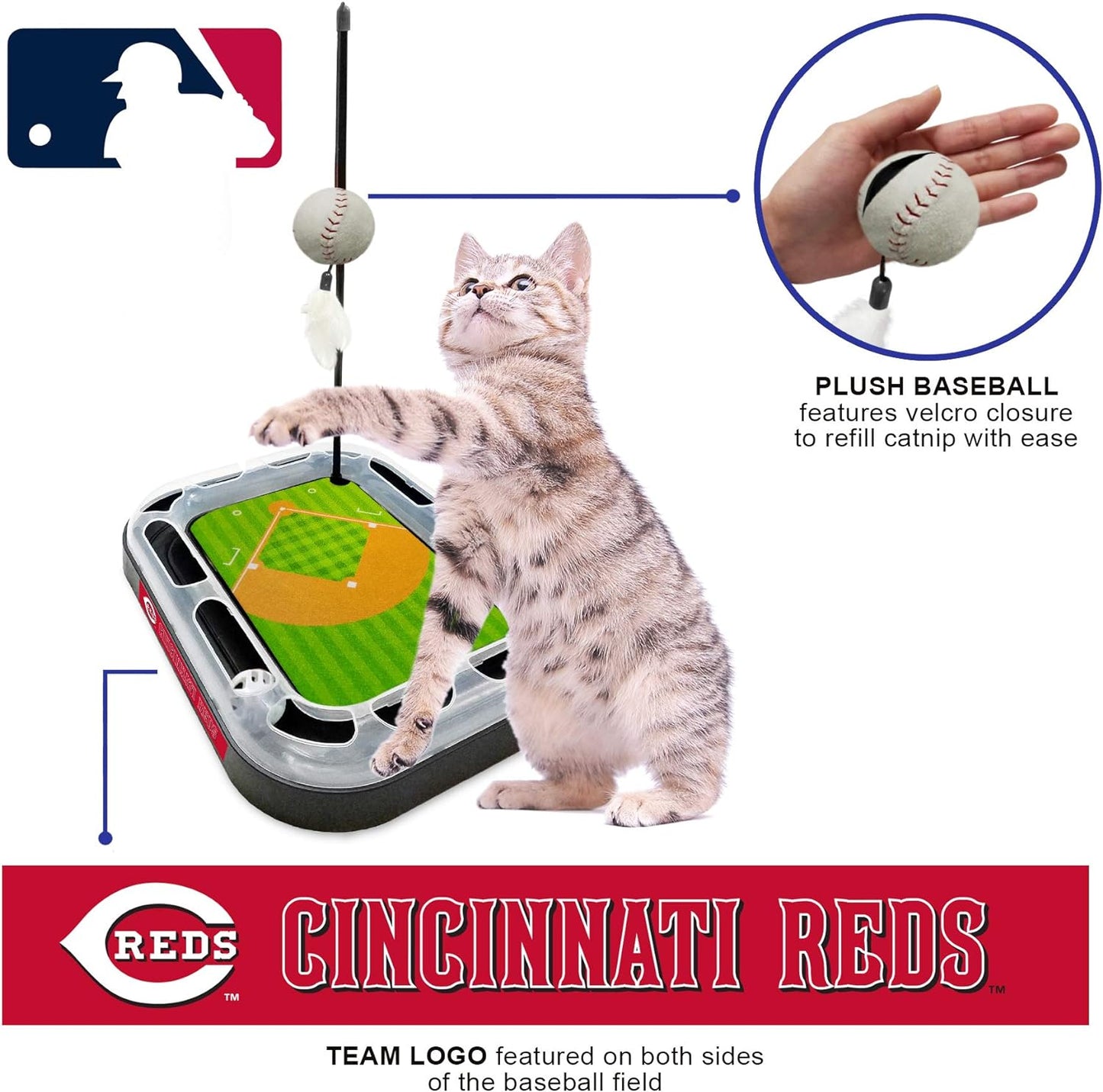 Cat Scratching Toy MLB Cincinnati Reds Baseball Field Cat Scratcher Toy with Interactive Cat Ball Bell in Tracks. 5-In-1 CAT Toy: Cat Wand Poll with Catnip Filled Plush Baseball & Feathers.