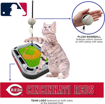 Cat Scratching Toy MLB Cincinnati Reds Baseball Field Cat Scratcher Toy with Interactive Cat Ball Bell in Tracks. 5-In-1 CAT Toy: Cat Wand Poll with Catnip Filled Plush Baseball & Feathers.
