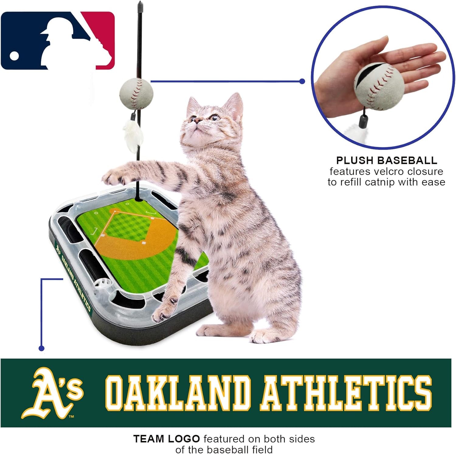 Cat Scratching Toy MLB OAKLAND ATHLETICS Baseball Field Cat Scratcher Toy with Interactive Cat Ball Bell in Tracks. 5-In-1 CAT TOY: Cat Wand Poll with CATNIP FILLED Plush Baseball & Feathers.