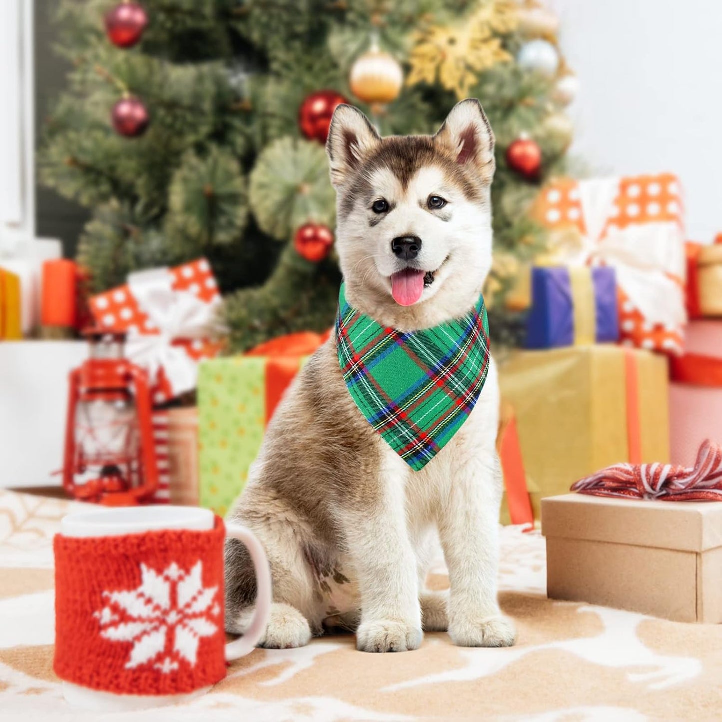 2 Pack Dog Bandana Christmas Classic Plaid Pets Scarf Triangle Bibs Kerchief Set Pet Costume Accessories Decoration for Small Medium Large Dogs Cats Pets (Green + Red, Small)