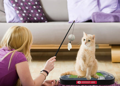 Cat Scratching Toy MLB Cincinnati Reds Baseball Field Cat Scratcher Toy with Interactive Cat Ball Bell in Tracks. 5-In-1 CAT Toy: Cat Wand Poll with Catnip Filled Plush Baseball & Feathers.