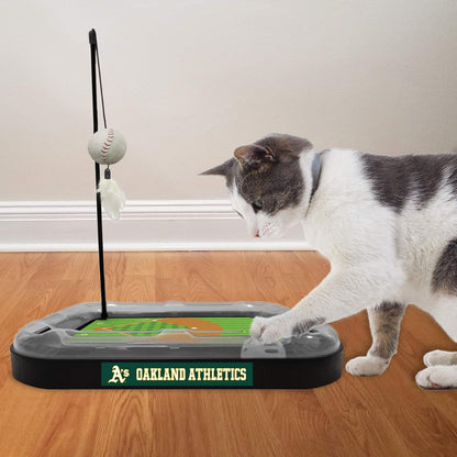 Cat Scratching Toy MLB OAKLAND ATHLETICS Baseball Field Cat Scratcher Toy with Interactive Cat Ball Bell in Tracks. 5-In-1 CAT TOY: Cat Wand Poll with CATNIP FILLED Plush Baseball & Feathers.