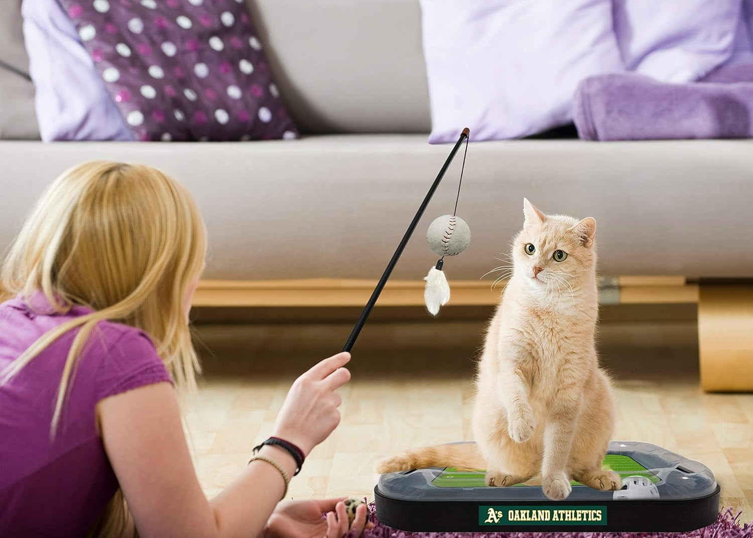 Cat Scratching Toy MLB OAKLAND ATHLETICS Baseball Field Cat Scratcher Toy with Interactive Cat Ball Bell in Tracks. 5-In-1 CAT TOY: Cat Wand Poll with CATNIP FILLED Plush Baseball & Feathers.