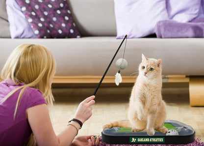 Cat Scratching Toy MLB OAKLAND ATHLETICS Baseball Field Cat Scratcher Toy with Interactive Cat Ball Bell in Tracks. 5-In-1 CAT TOY: Cat Wand Poll with CATNIP FILLED Plush Baseball & Feathers.