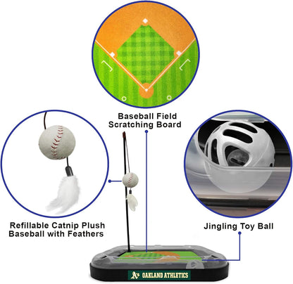 Cat Scratching Toy MLB OAKLAND ATHLETICS Baseball Field Cat Scratcher Toy with Interactive Cat Ball Bell in Tracks. 5-In-1 CAT TOY: Cat Wand Poll with CATNIP FILLED Plush Baseball & Feathers.