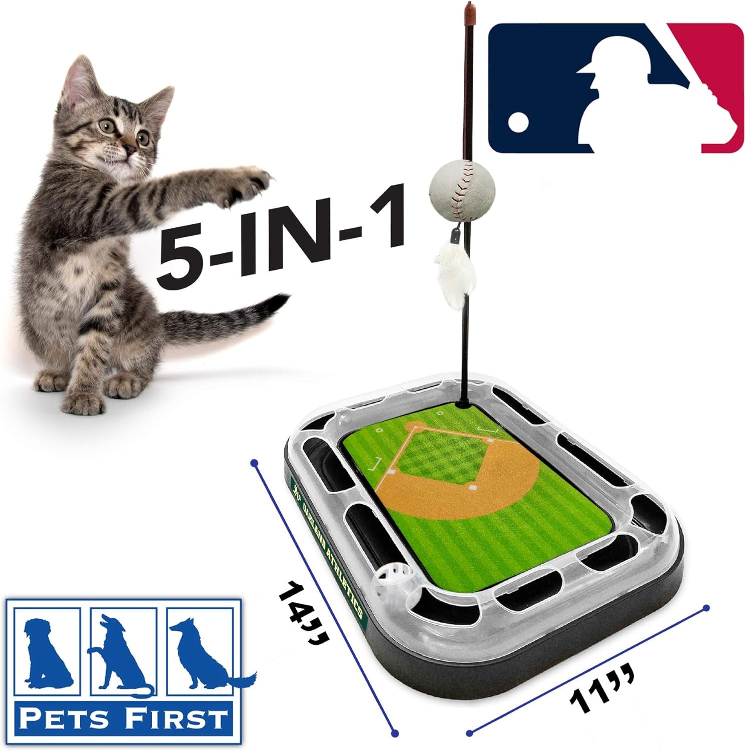 Cat Scratching Toy MLB OAKLAND ATHLETICS Baseball Field Cat Scratcher Toy with Interactive Cat Ball Bell in Tracks. 5-In-1 CAT TOY: Cat Wand Poll with CATNIP FILLED Plush Baseball & Feathers.