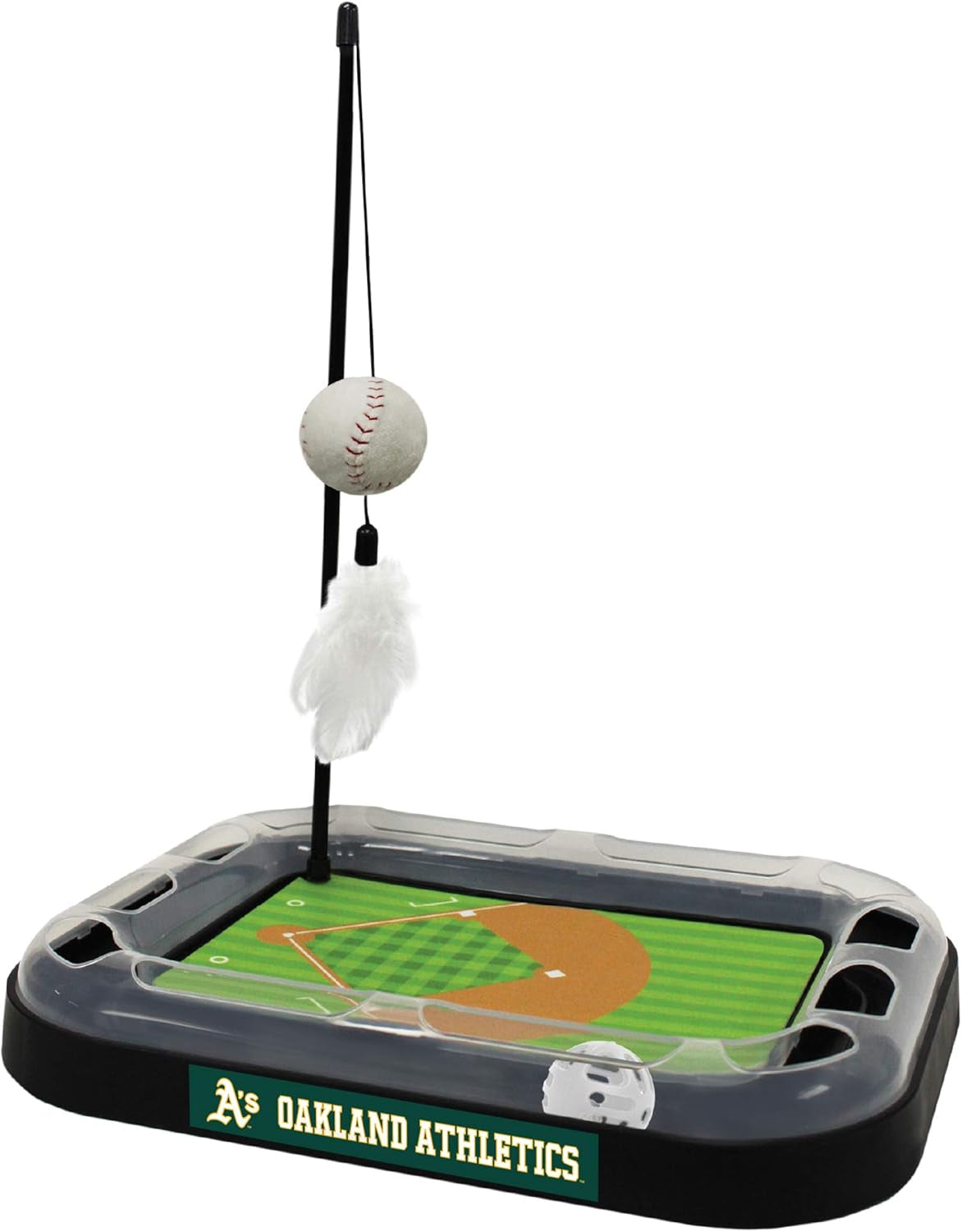 Cat Scratching Toy MLB OAKLAND ATHLETICS Baseball Field Cat Scratcher Toy with Interactive Cat Ball Bell in Tracks. 5-In-1 CAT TOY: Cat Wand Poll with CATNIP FILLED Plush Baseball & Feathers.