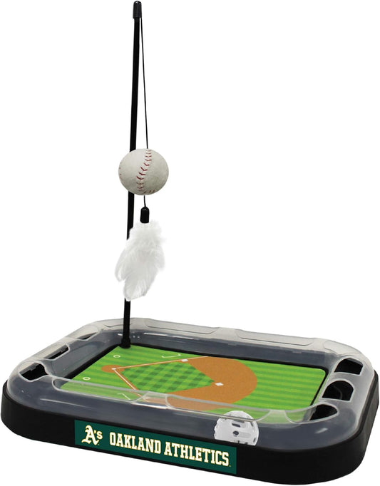 Cat Scratching Toy MLB OAKLAND ATHLETICS Baseball Field Cat Scratcher Toy with Interactive Cat Ball Bell in Tracks. 5-In-1 CAT TOY: Cat Wand Poll with CATNIP FILLED Plush Baseball & Feathers.