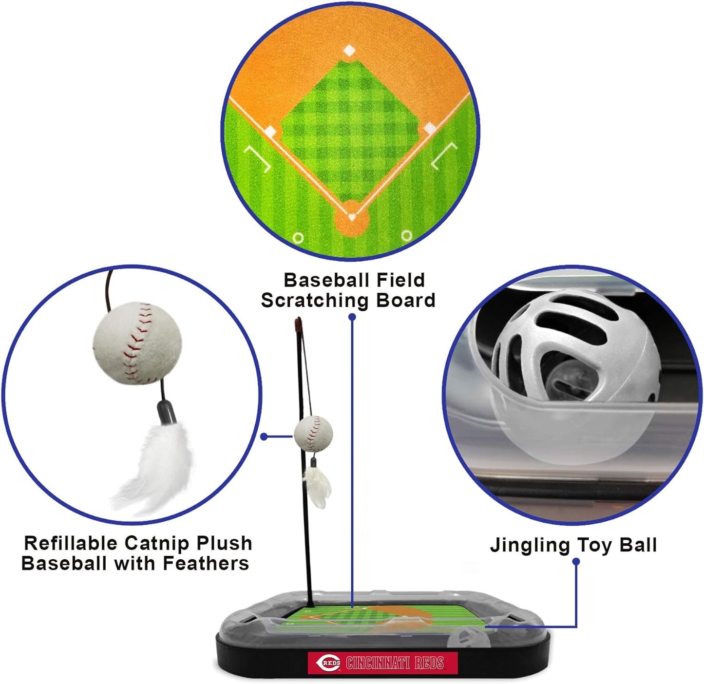 Cat Scratching Toy MLB Cincinnati Reds Baseball Field Cat Scratcher Toy with Interactive Cat Ball Bell in Tracks. 5-In-1 CAT Toy: Cat Wand Poll with Catnip Filled Plush Baseball & Feathers.