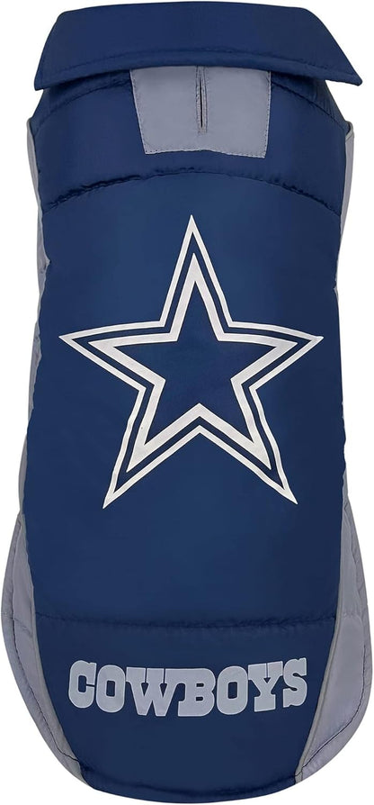 NFL Dallas Cowboys Puffer Vest for Dogs & Cats, Size Large. Warm, Cozy, and Waterproof Dog Coat, for Small and Large Dogs/Cats. Best NFL Licensed PET Warming Sports Jacket